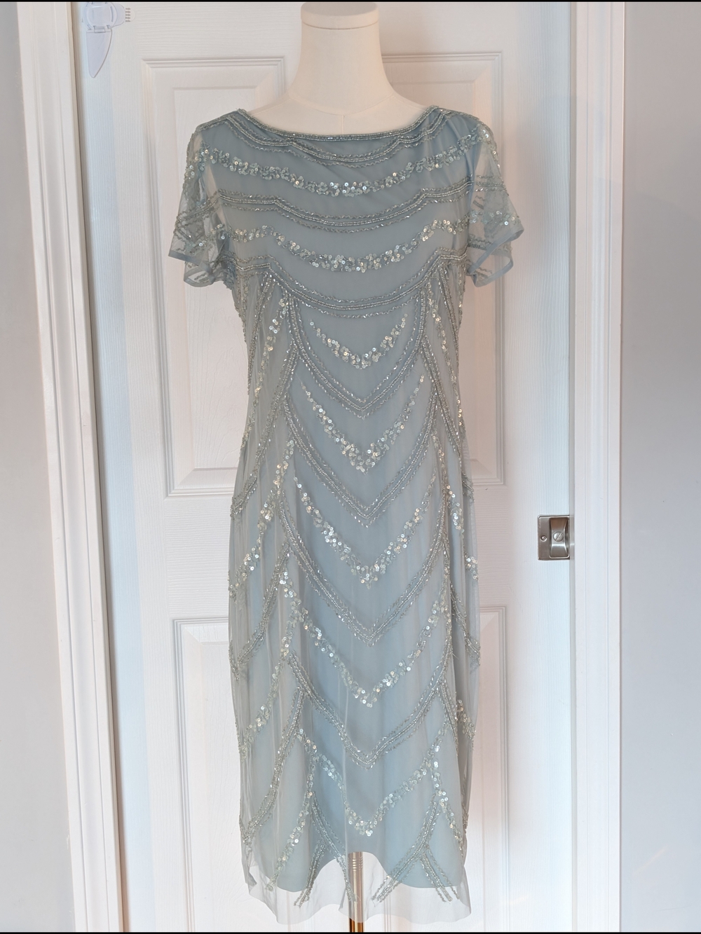 ​Adrianna Papell Light Blue Beaded Art Deco Flapper Sheath Cocktail Dress Sz 10